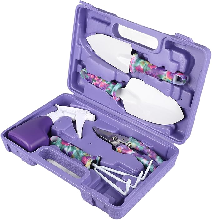 5 Piece Garden Tool Set Includes Cultivator Rake and Shovels Branch Scissors with Spray Can for Indoor and Outdoor Planting Purple Storage Container.