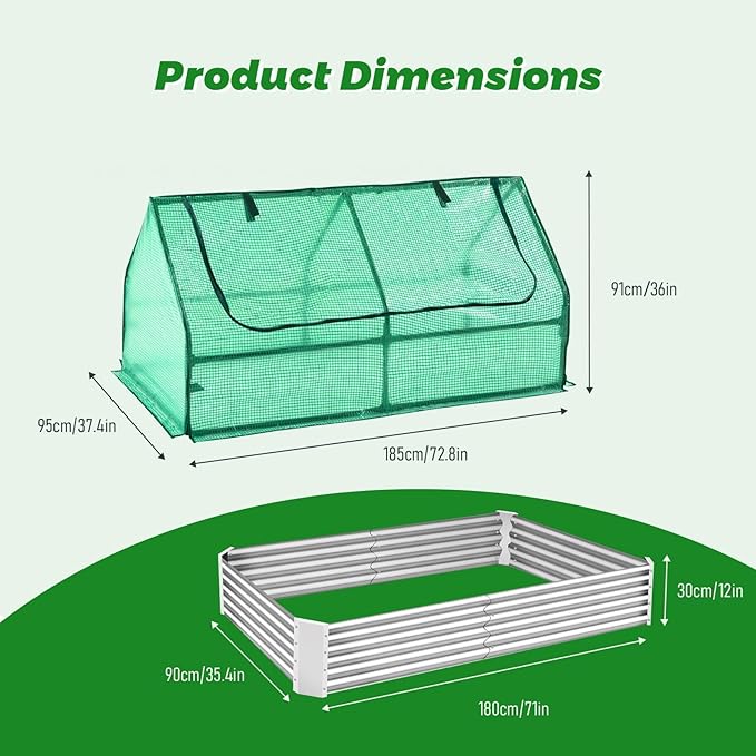 6x3x1FT Galvanized Steel Raised Garden Bed Durable Outdoor Metal Planter Box with Cover Large Metal Greenhouse for Vegetables Flowers Herbs Rust-Resistant Sun&ampWind Protection