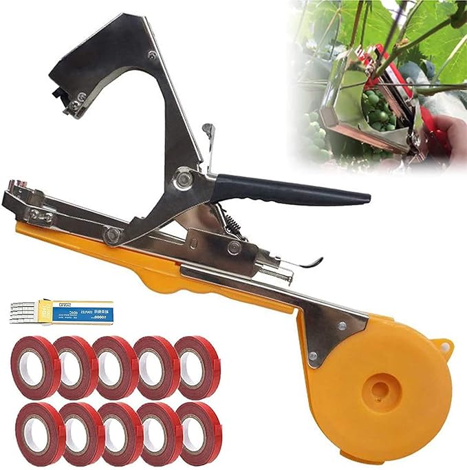 Plant Tying Machine Gardening Tape Tool Plant Ties Hand Garden Tools Set Garden Plants Tool with 10 Rolls Tape and 1 Box Staple for Grape Tomatoes Vegetable Cucumber and Flower (Yellow)