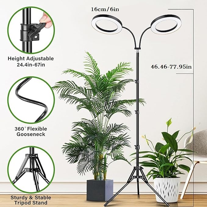 Plant Grow Light 3/9/12h Timer 6 Brightness 360 Gooseneck Tube 2/3 Heads 108 LEDs Full Spectrum Plant Light with Height Adjustable &amp Tripod Stand for Indoor (US Plug 2 Heads 20W Use 2A