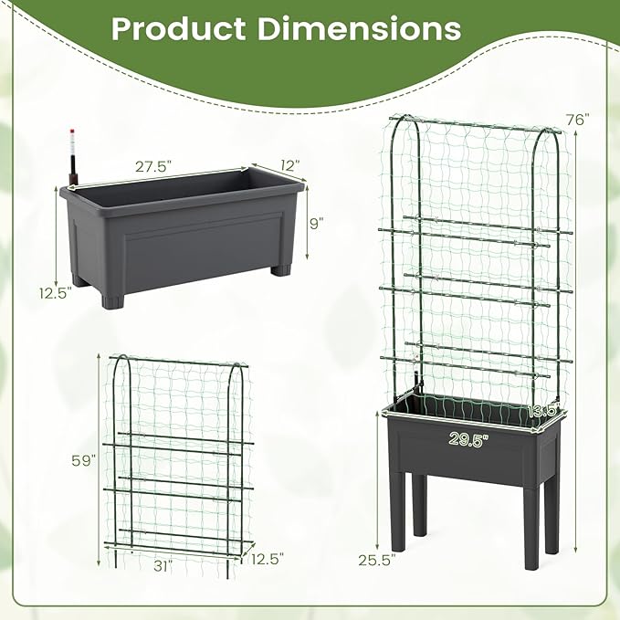 Giantex Raised Garden Bed with Legs &amp Trellis for Climbing Plants Self-Watering Planter Box w/Water Level Gauge for Vine Flower Herb Vegetable (29.5x13.5x76)