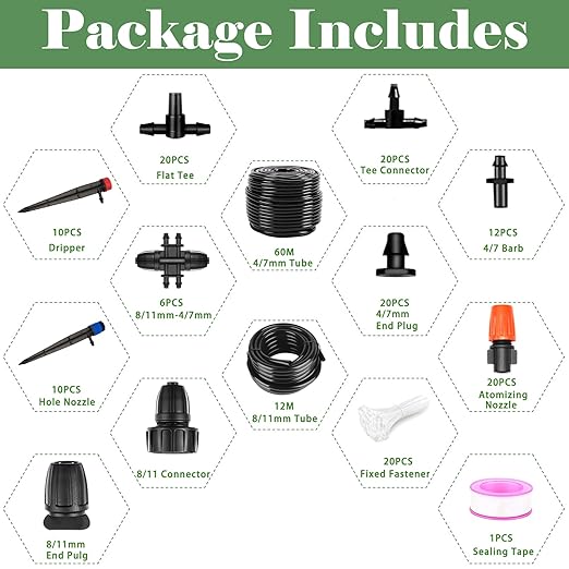 200FT+40FT Drip Irrigation System Garden Watering System with 8/11mm Main Tubing 4/7mm Distribution Irrigation Tubing and Accessories Irrigation System for Garden Greenhouse Yard Lawn Plant
