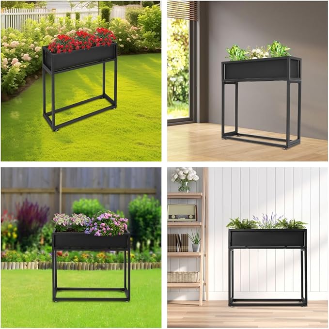28’’ H Raised Garden Bed with Legs Rectangle Elevated Planter Box Metal Tall Flower Bed Planter Boxes for Herbs Flowers Seeds Vegetable for Outdoor Indoor Garden Balcony Office (Black)