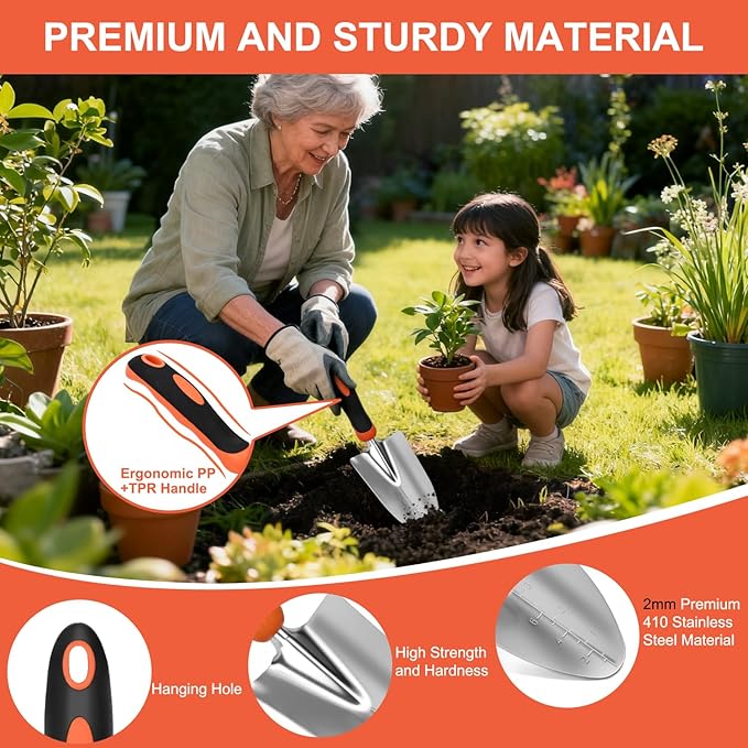 Yesker Gardening Tools 9-Piece Heavy Duty Garden Tool Set Gardening Supplies Gifts for Women Men Gardening Hand Tool Kit with Non-Slip Ergonomic Handle Garden Bag Durable Gloves and Shears Orange