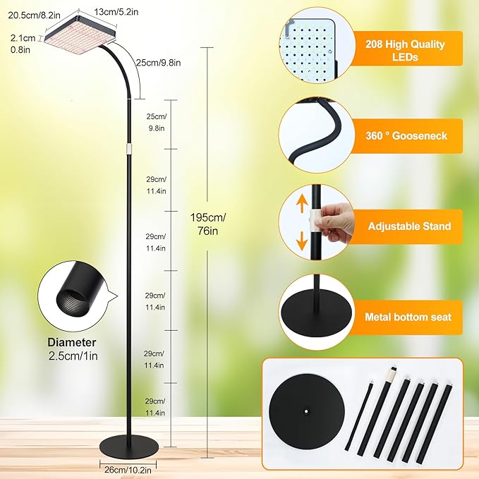 FECiDA 2026 Floor Lamp Grow Light Grow Lights with Stable Stand Base for Indoor Plants Bonsai Tree 4/8/12/16/20 Hr Timer 25 Watt Power Draw NO Need Adapter 40-76 Height Adjustable