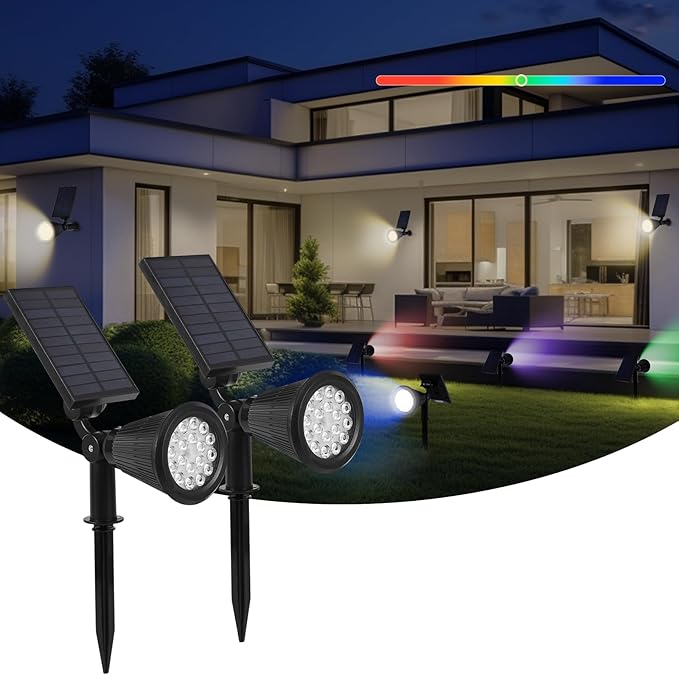 Solar Spot Lights Outdoor 2-in-1 Wall Mount &amp Ground Stake 18 LEDs with 2 Lighting Modes 7 Colors Changing IP65 Waterproof Solar Landscape Lights for Garden Pathway Yard Patio (2 Pack)
