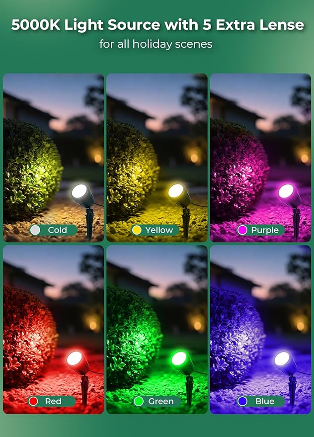 Halloween Spotlights Outdoor 120V Plug-in Christmas Spot Light 5000K LED Landscape Lighting with 5 Color Lenses (Red Green Blue Purple Yellow) IP67 Waterproof 2 Pack
