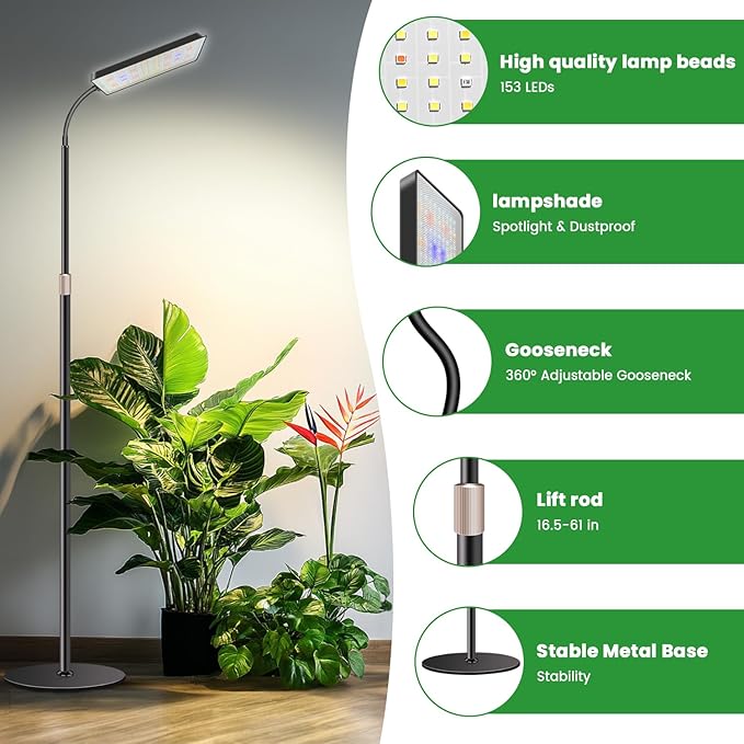 Wiaxulay Floor Plant Lights for Indoor Growing 153 LED Full Spectrum Grow Light with Stand Height Adjustable 24-68 in4/8/12/16H Timer 3 Lighting Modes5 Brightness for Growing Large Tall Plants