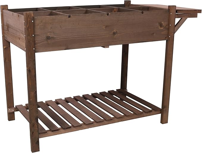 8 Pockets Horticulture Raised Garden Bed Elevated Wood Planter Box Stand with Foldable Side Table and Storage Shelf for HerbVegetablesFlowers Dark Brown Color
