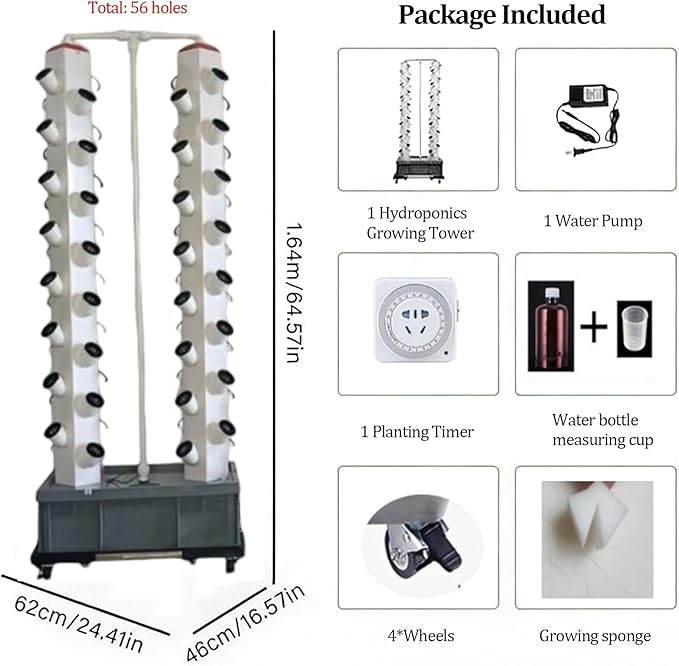 56 Pods Indoor Garden Hydroponics Growing System with Wheels Vertical Vegetable Planter Tower with Water Pump &amp Timer Year-Round Planting for Indoor
