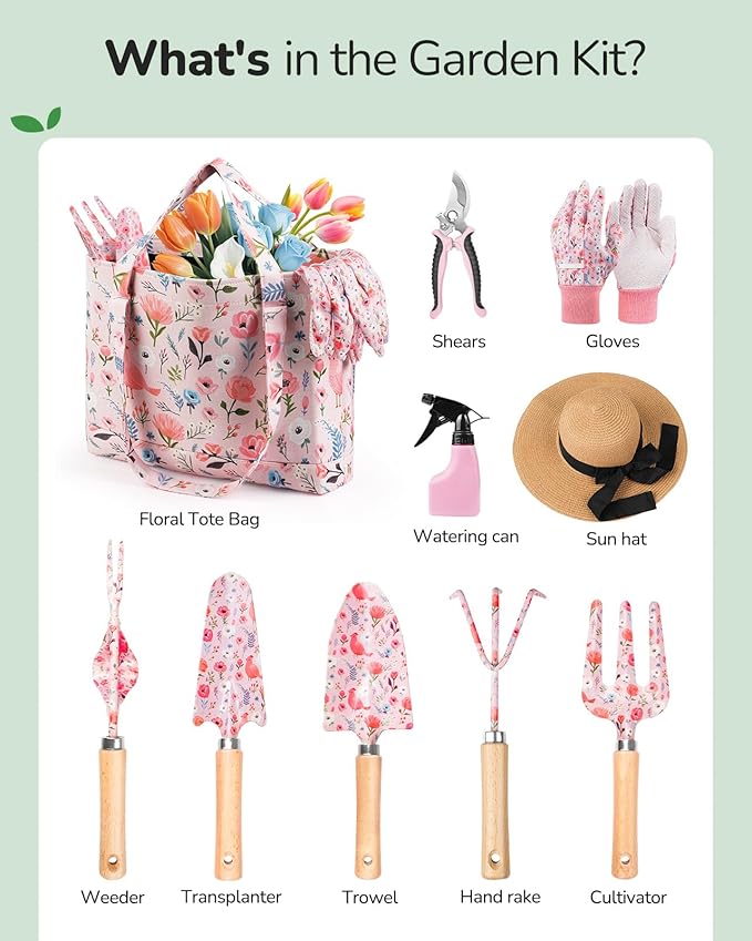 Gardening Tools 9 Piece and 10 Piece Heavy Duty Gardening Tool Set with Flower Organizer Fashionable and Thoughtful Gifts for Garden Women