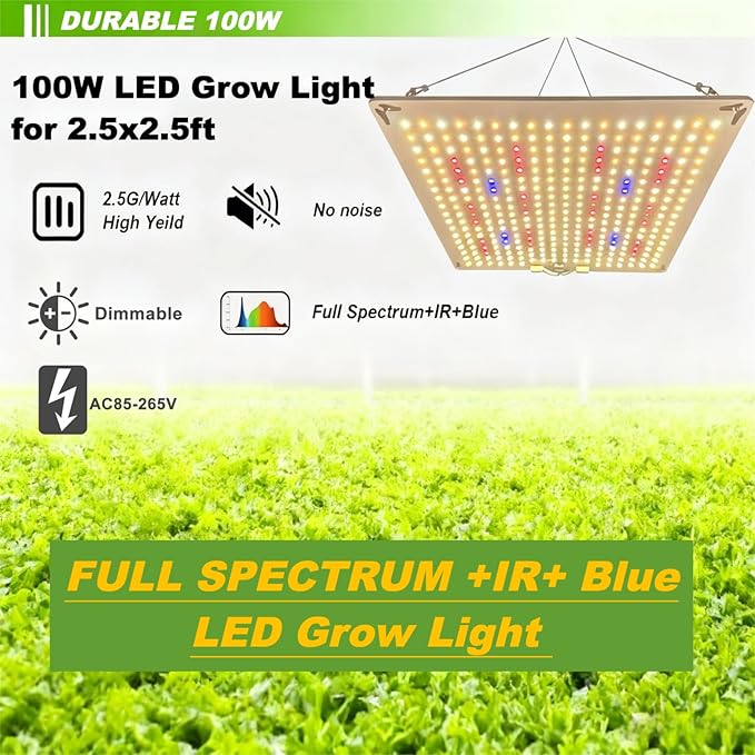 LED Grow Light Panel for Indoor Plants 100W Full Spectrum with White Blue Red UV IR LEDs for 4x4ft Coverage Grow Tent Greenhouse Veg and Bloom Seedlings Hydroponic