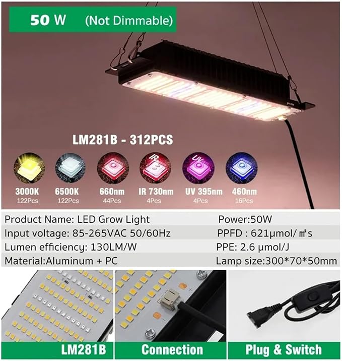 LED Grow Lights for Seed Starting Vegetables Bloom 50/240 Watt Dimmable Plant Light Dimming Grow Lights for Indoor Plants Full Spectrum in 4x2/3x3 Grow Tent50W