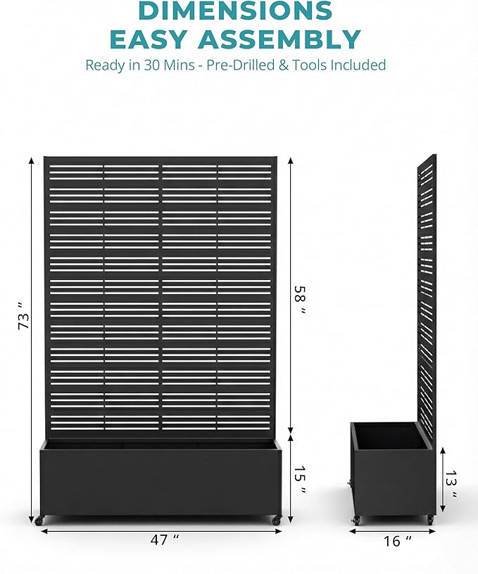 Metal Raised Garden Bed with Trellis 73×47×16 Privacy Screen Planter Box on Wheels — 61 lbs Won't Blow Over Rust-Proof Louvered Design for Climbing Plants Patio Deck Balcony - Black
