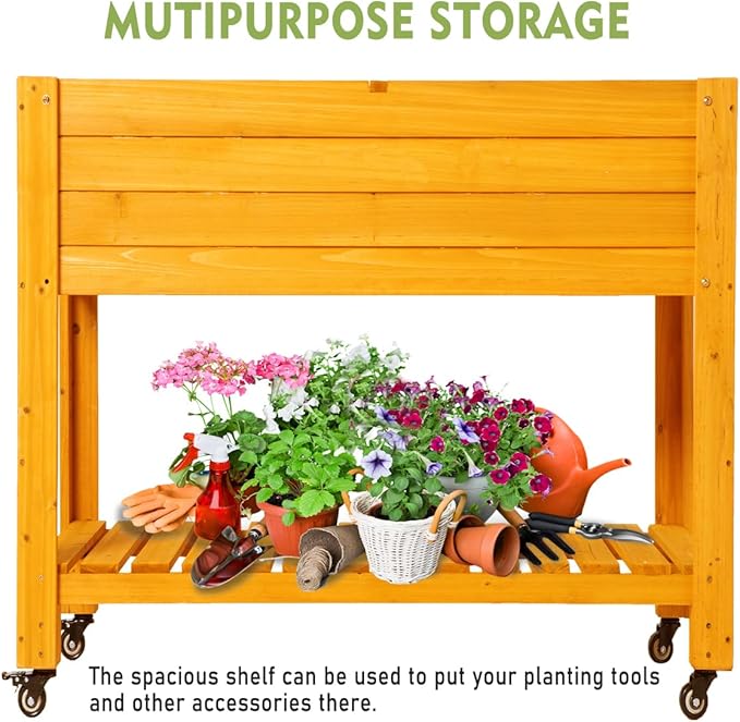 FORTUNO Raised Garden Bed with Wheels 48x24x33 Large Wood Planter Box with Legs Outdoor Mobile Wooden Elevated Raised Beds for Vegetable Flower Standing Gardening Box with Liner for Patio Deck