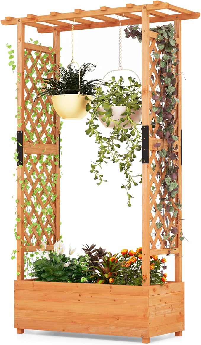 ORALNER Raised Garden Bed with Trellis Wooden Planter Box with Climbing Frame Outdoor Elevated Garden Box for Vegetables Herbs Flowers Fruits (Medium)