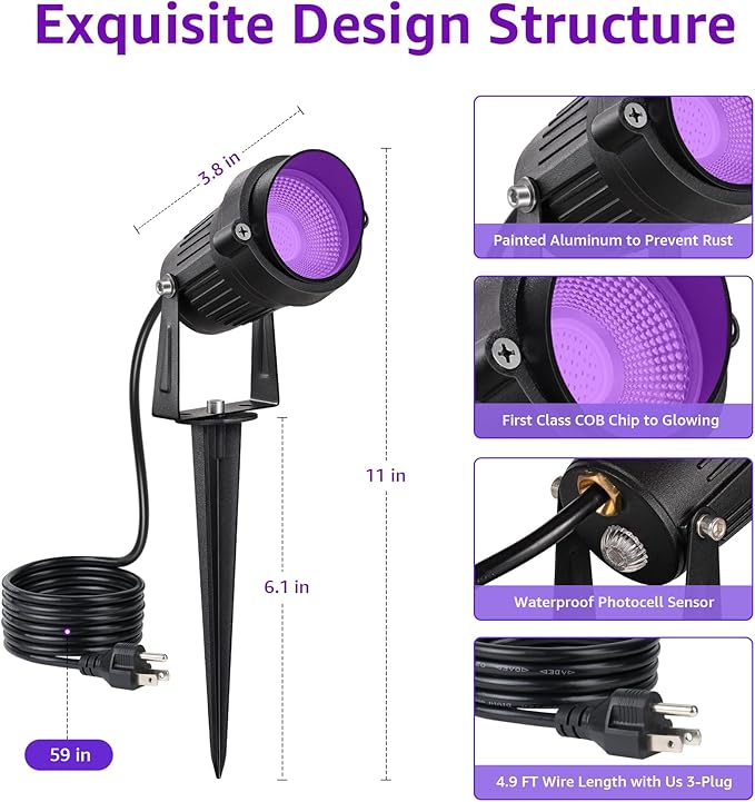 SUNVIE LED Black Light Outdoor Halloween Spotlight with Photocell Sensor 10W Outdoor Blacklight Waterproof 120V Purple Spotlight Outdoor Black Light Spotlight for Glow Party Fluorescent Poster 2 Pack