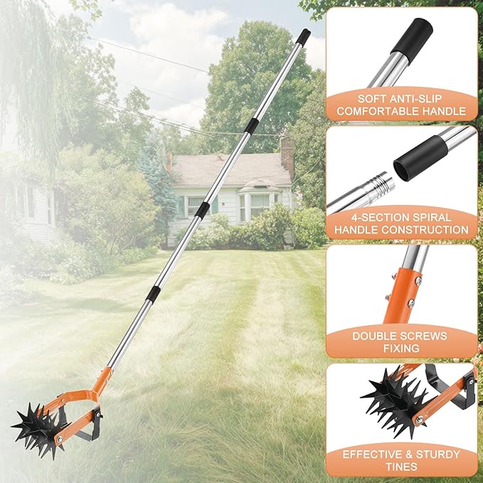 2-in-1 Rotary Cultivator Tool 72 Inch Adjustable Garden Hand Tiller with Star-Shaped Rolling Tines Weeder &amp Soil Aerator for Loosening Mixing Soil/Lawn Care/Reseeding Grass