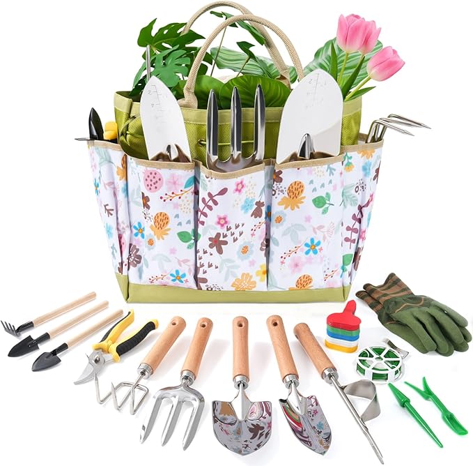 15-Piece Garden Tool Set for Women Heavy Duty Gardening Kit with Floral Garden Bag Steel Garden Hand Tools Plant Labels Gloves Gardening Gift Basket for Men Gardeners Plant Lovers Green
