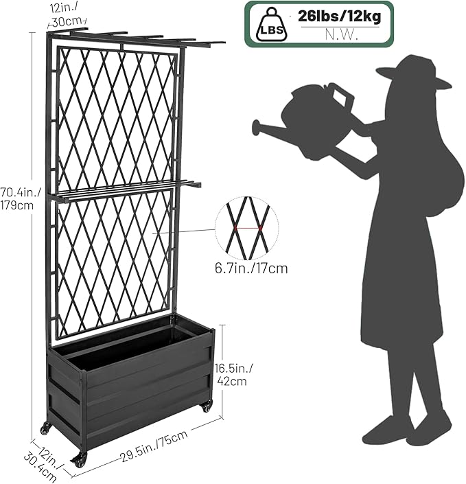 Metal Planter Box with Lattice Trellis and Wheels 70 inches Tall Heavy Duty Planter Box &amp Raised Garden Bed with Trellis for Climbing Plants Flowers with Drainage Holes 30Lx12Wx70H Inches