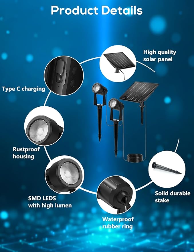 ZYAN Solar Landscape Spotlights Separate Monocrystalline Panels &amp USB-C Powered 5400mAh Auto On Off Dusk to Dawn Outdoor IP65 Waterproof Warm White for Yard Path Patio (100 Lumens × 4 Pack)