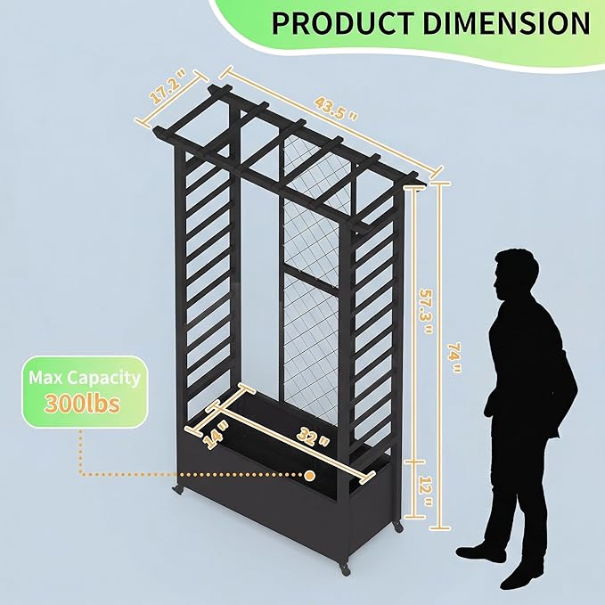 74 Mobile Planter with TrellisWeatherproof Vertical Raise Garden Bed with Trellis &amp Hanging Roof for Climbing PlantsFlowersVegetablesRust-Proof Metal Privacy Planter for Patio (Black-A)
