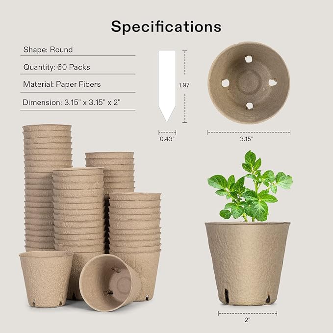 VIVOSUN Peat Pots 120 Packs 3.15-Inch Seed Starting Pots with Drainage Holes Round Nursery Pot 20 Plant Labels for Flowers Plants Vegetables 60Pcs