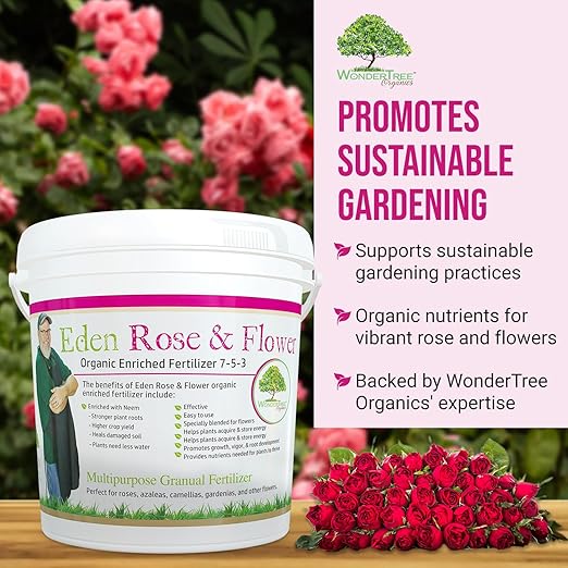 Eden Rose &amp Flower Organic Enriched Fertilizer | Neem Plant Food-7-5-3 Enriched Formula | for Best Flower Growth (5lbs)
