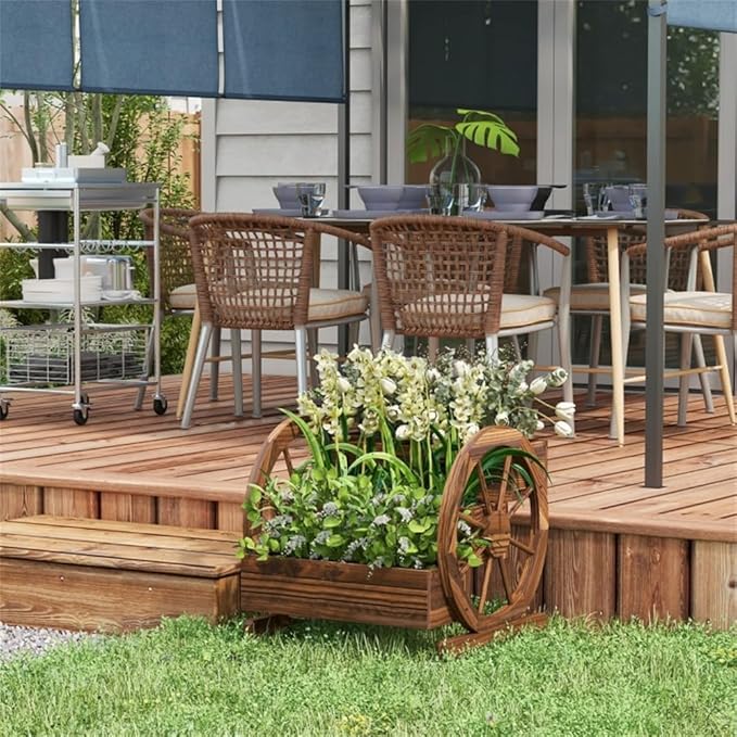 3-Tier Wooden Garden Bed with Wheels – Carbonized Fir Raised Flower Planter for Patio Balcony &amp Yard – Easy Assembly Vintage Style Garden Planter