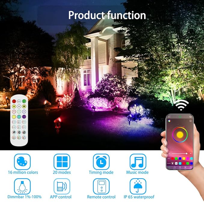Smart Low Voltage Landscape Lights Bluetooth Landscape Lighting RGB Warm White LED Spotlights APP Control 12V 24W Outdoor Yard Spot Lights with Spike Stand Waterproof Garden Light Music Sync