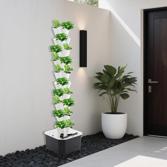 Bacocoo Hydroponic Growing Tower10-Tier White Petal Column Hydroponic Planting Tower with 25L (6.6Gal) Water TankVertical Hydroponic Garden Tower for Indoor/OutdoorSupports Up to 50 Plants.