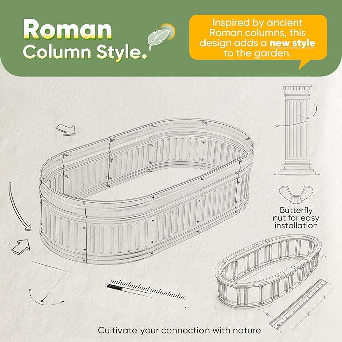 KING BIRD Raised Garden Bed Kit 2025 Upgraded Modular DIY Galvanized Planter Garden Box Outdoor for Gardening Vegetables Flowers Elegant Roman Column Design 94x24x12 in Dark Green