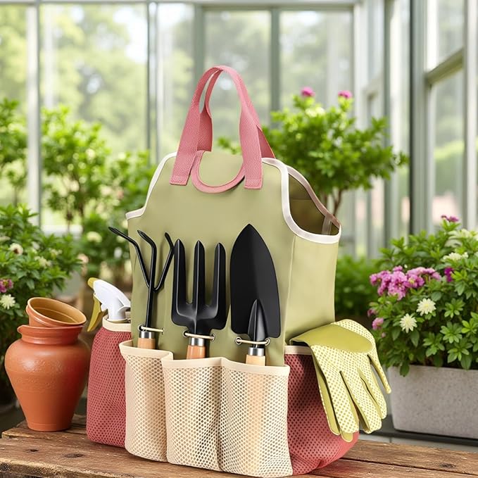 Garden Tool Set 9 Pcs with Wooden Handles Gift for Women &amp Men Includes Tote Bag Transplanter Fork Rake Trowel