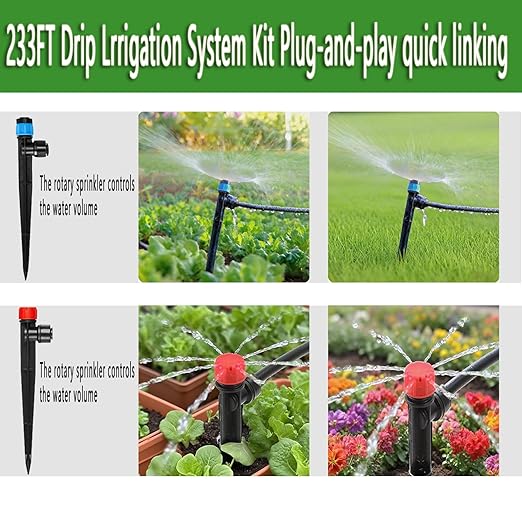 233FT Drip Irrigation System Kit with Quick-Connect System33FT 1/2 Mainline &amp 200FT 1/4 TubingBrass Y-Type SplitterAdjustable Nozzle Types.Efficient Sprinkler System Kit