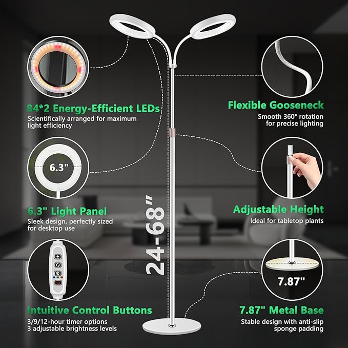 Floor Grow Lights for Indoor Full Spectrum Plant Lighting with Adjustable 68 Stand for Growing Large Tall Plants 3/9/12H Timer3 Light Modes 2Heads