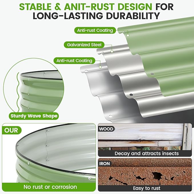Galvanized Raised Garden Bed Outdoor 2Pcs | 4x4x1ft Metal Raised Beds for Gardening with Safety Rubber Strip | Round Planter Box for Plants Like Vegetables Fruits Flowers Olive Green
