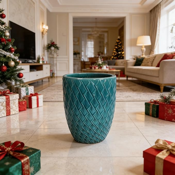 Handmade Teal Cyan Ceramic Flower Pot 16.54 W x 21.26 H Large Planter for Indoor Outdoor Potted Plants Flowers by Front Door Breathable Clay with Drainage