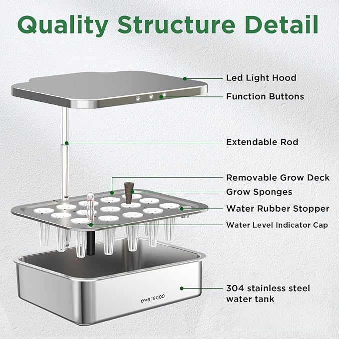 Stainless Steel Hydroponics Growing System Kits Controlled Smart Indoor Garden with LED Grow Light Full Spectrum 15 Pods Plant Germination Kit with Quiet Pumpfor Vegetables HerbsGardening Gifts