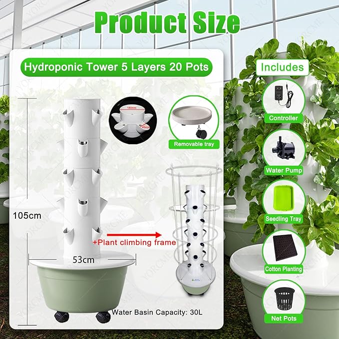 Soilless Growing System Hydroponics Growing System Vertical Tower Automated Aeroponics Indoor Tower Garden with LED Grow Lights B(20Pots)