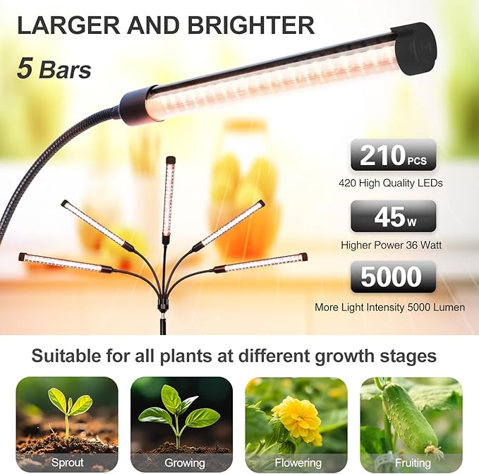 FECiDA 2026 5Head Grow Lights with Upgraded Stand Standing Grow Lights for Indoor Tall Plants Bonsai Tree 4/8/12/16/20 Hr Timer 45 Watt Power Draw NO Need Adapter 24-72 Height Adjustable