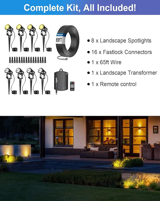 8-Pack Low Voltage Landscape Lighting Kit with WiFi 72W Transformer 3W LED Spotlights with 65ft Cable App and Voice Control 3000K Warm White 12-24V IP65 Outdoor Pathway Uplights