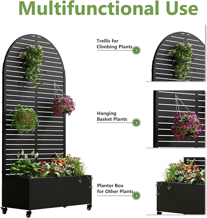 Casaphoria Metal Raised Garden Bed with Trellis and Wheels 72x35x16 Arched Planter Box for Climbing Plants Vegetables &amp Vines Features Drainage Holes and Privacy Screen (Black-Louvered)