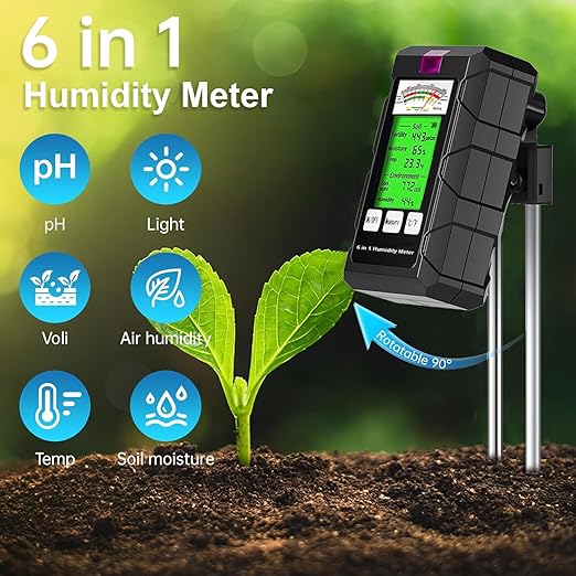 6-in-1 Soil Moisture Meter Hygrometer for Plants with Soil Moisture PH Meter Temperature Sunlight Fertility Environmental for Farming Gardening (2*AAA Battery Needed)