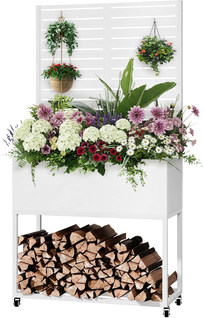 Raised Garden Bed with Trellis Metal Raised Planter Box with Trellis Privacy Planters for Patio Raised Garden Beds Outdoor Standing with Drainage Holes Wheels White