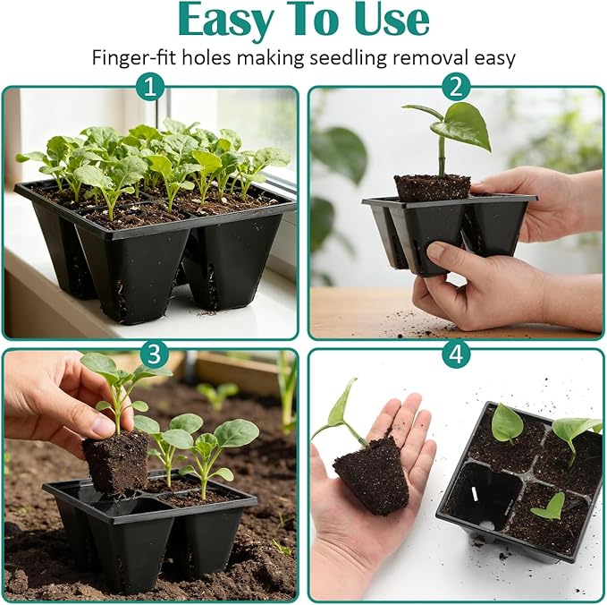 80 Pack Reusable 4-Cell Seed Starter Tray for Seedlings Easy Watering Seed Starting Trays with Drainage Holes for Seed Germination and Plant Start Fits Standard 1020 Trays Black