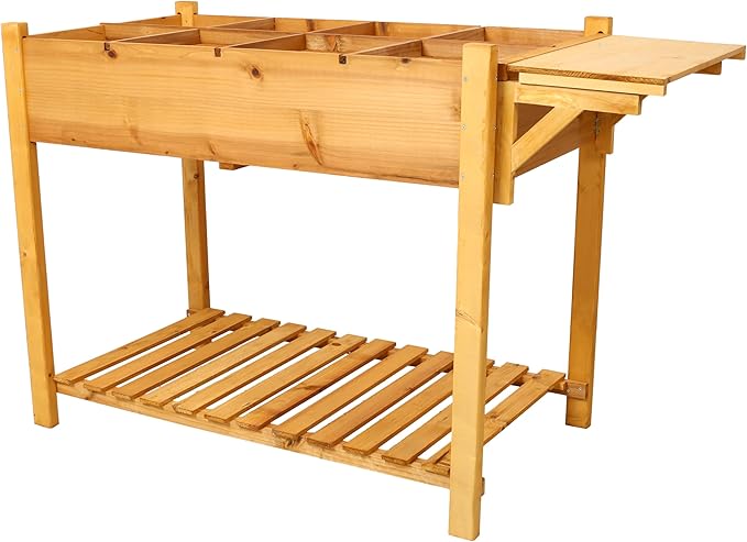 Transform Your Space: 8 Pockets Brown Wood Elevated Garden Bed with Foldable Side Table &amp Storage for Herbs Veggies &amp Flowers