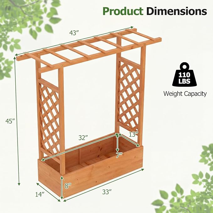 HAPPYGRILL Raised Garden Bed with Trellis &amp Hanging Roof 45 Tall Wooden Planter Box with Drainage Holes Outdoor Wood Elevated Garden Bed for Climbing Plants Vines Vegetables Flowers (Orange2)
