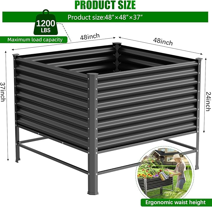 Doniks Raised Garden Bed with Legs 48×48×37in Large Outdoor Metal Galvanized Garden Planting Box1200lb Capacity for Vegetables Lawn Green Flowers Fruits Terrace