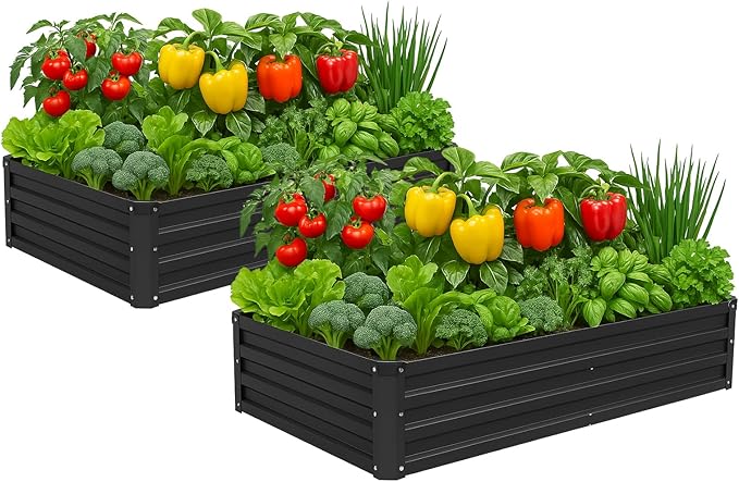 2 Pack 6x3x1FT Galvanized Raised Garden Bed Kit Outdoor Metal Planter Box for Vegetables Bottomless Rectangular Gardening Bed with Support Rods Tool-Free Assembly Black