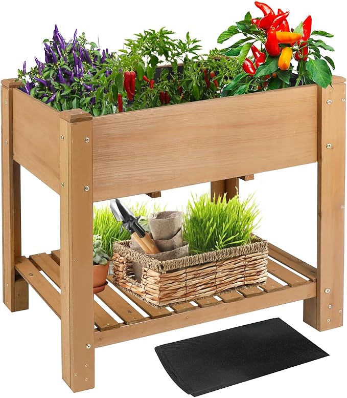 Raised Garden Bed with Legs - Elevated Wooden Planter Box Durable Fir Wood Reinforced Frame with Drainage Holes Liner and Storage Shelf for Vegetables Herbs Flowers 33.5 x 18 x 30